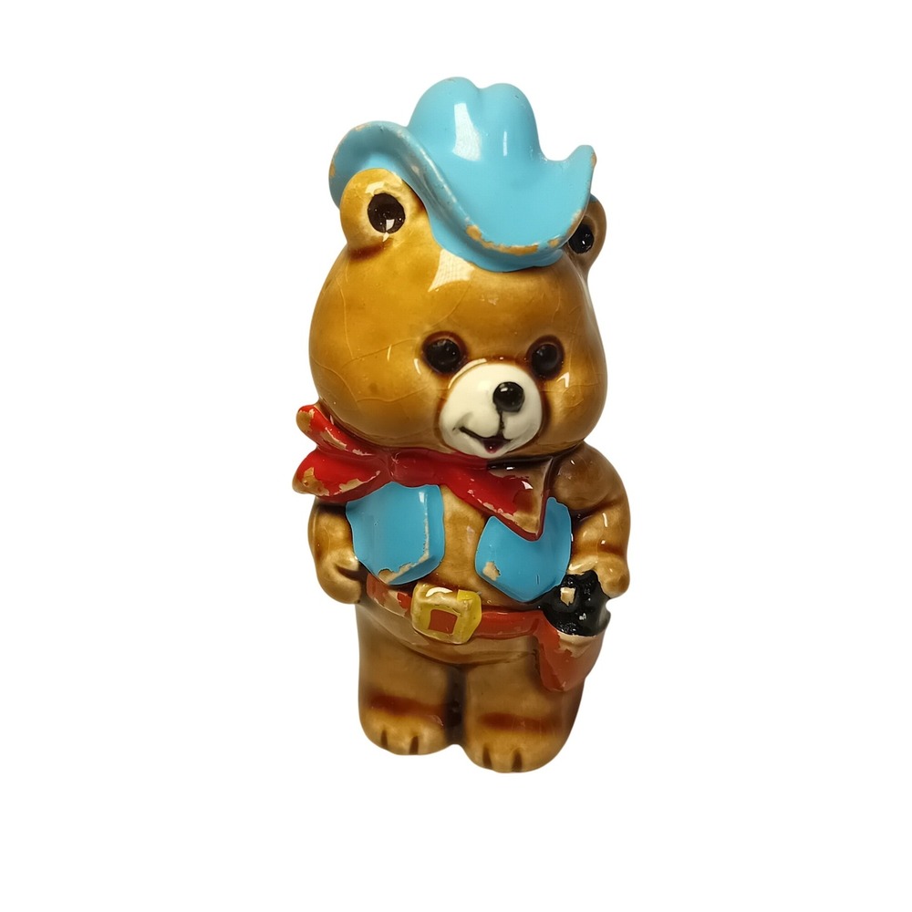 1989 Vintage Retro Ceramic Cowboy Teddy Bear Figurine Japan Kitsch Trinket READ